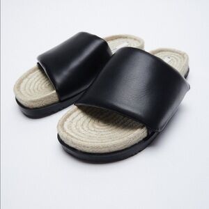 🌹NWT. Zara Black Quilted Flat Sandals with Jute. Size 9.